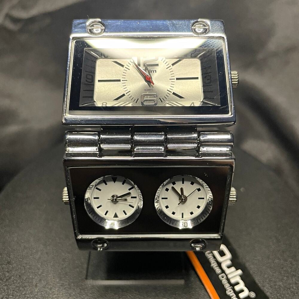 Oulm Men’s Quartz Rectangle 3 Dial Watch Black Leather Strap Silver Case 47mm